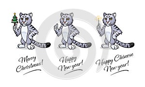Vector cat zodiac set. Sign of Chinese New year. Cat is holding in hand christmas tree, sparkler, showing thumb up.