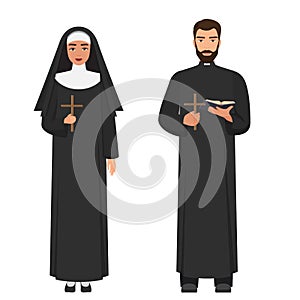 Vector Catholic priest and nun holding cross rood.