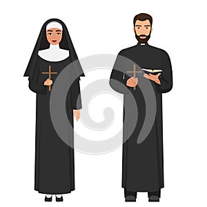 Vector Catholic priest and nun holding cross rood. photo