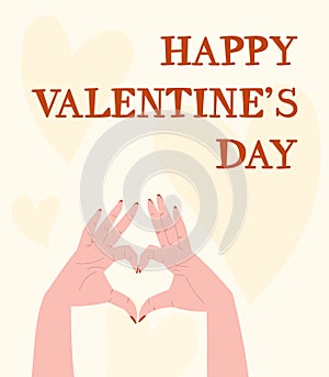 Vector catroon postcard for valentines day, female hands making a heart shape with fingers.