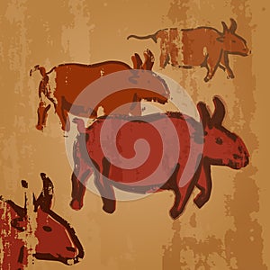 Vector Cave Drawing Illustration - Herd of Cows. Primitive Arts.