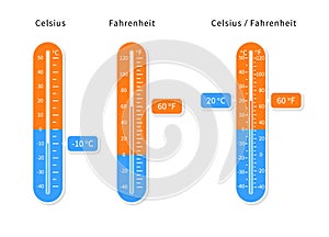 Vector Celsius and fahrenheit meteorology thermometers set