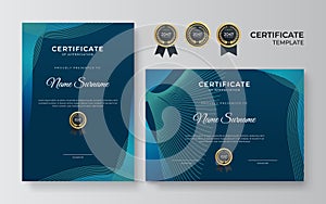Vector certificate template. Blue and green white certificate of achievement template with gold badge and border