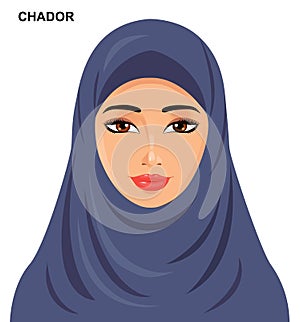 Vector - chador headgear style, beautiful arabic muslim woman -