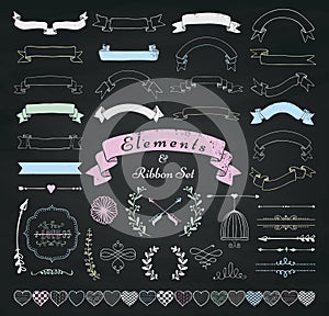 Vector Chalk Drawing Design Elements and Ribbons Set