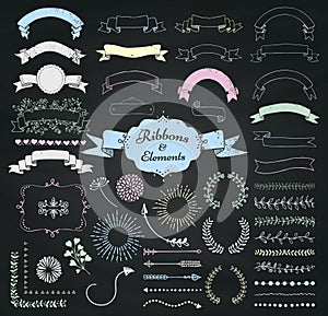 Vector Chalk Drawing Design Elements and Ribbons Set