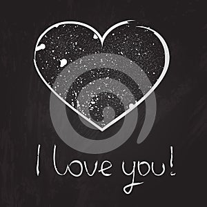 Vector chalk heart illustration on the blackboard background with hand drawn text I love you.