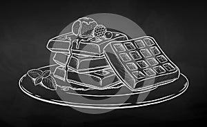 Vector chalk illustration of Waffles on plate