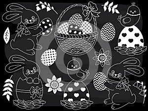 Vector Chalkboard Easter Set with Bunny, Chicks and Eggs