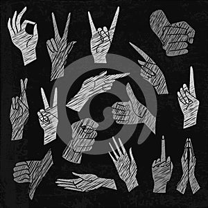 Vector chalkboard illustrations set of universal gestures of hands. Hands in different interpretations. White chalk