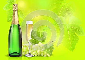 Vector champagne bottle, glass and grape on summer blur background. Created with gradient meshes