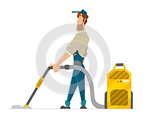 Vector character cleaner janitor man vacuum floor