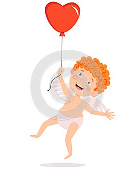 Vector character in flat style angel flies holding on to a balloon.