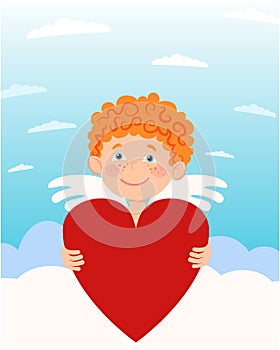 Vector character in a flat style of an angel sitting on the clouds and holding a heart.