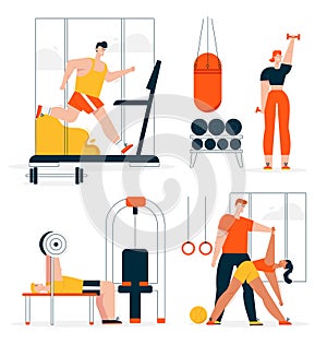 Vector character illustration fitness in gym set