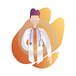 Vector character illustration of a male doctor with stetoscope in orange graphic shape