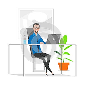 Vector character illustration of man working at office. Employee manager or businessman sitting at desk, looking at laptop,