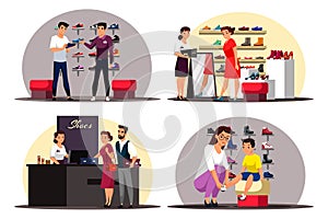 Vector character illustration of shoe store scenes set