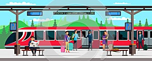 Vector character illustration of train station and passengers