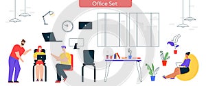 Vector character illustration of work process at office set