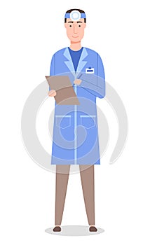 Vector character isolated at white, ent or otolaryngologist with clipboard in hands, anamnesis