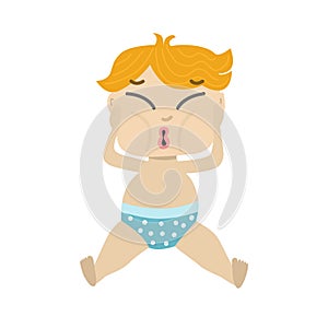 Vector character of a little boy. The child presses his hands to his cheeks and laughs. Vector illustration of a boy 6-7