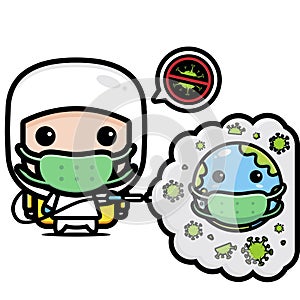 vector character of officer spraying disinfectant to eradicate the virus