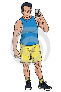 Vector character young fitness man selfie