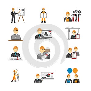 Vector characters of engineers and constructional elements photo
