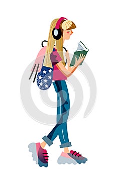 Vector characters teenager girl reading book