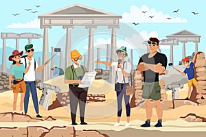 Vector characters tourists in Greece excursion