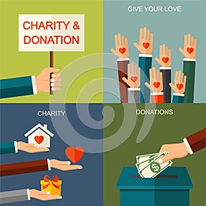 Vector charity and donation concept. Banner illustration with social charity and donation icons and symbols, flat style.