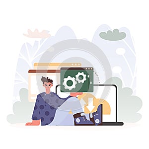 A Vector Chart of a man Holding a Browser Window with Gears and Torque, Idealize for Tech and Headway Concepts.