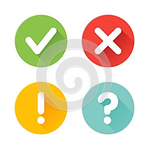 Vector check mark exclamation mark, question mark icons set. Flat icons for web and mobile applications