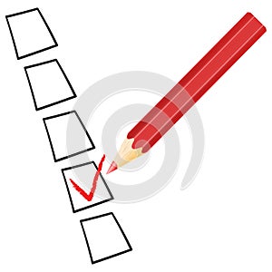 Vector check mark symbol and icon on red checklist with pen for