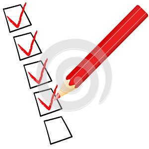 Vector check mark symbol and icon on red checklist with pen for