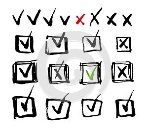 Vector checkmark and crossmark in square hand drawn sketchy icons isolated illustration. Green, red, black do and