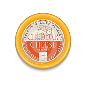 Vector Cheddar Cheese Vintage round label and packaging design template. Cheese detailed icon. Dairy product photo