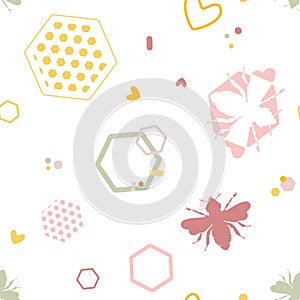 Vector Cheerful Abstract Bees and Honeycomb Shapes Memphis style inspired seamless pattern background. Perfect for