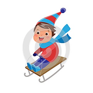 Vector cheerful teen boy on sled having fun