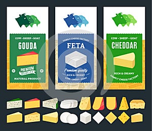 Vector cheese labels and different types of cheese detailed icons