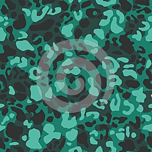 Vector cheetah camouflage print, seamless pattern. Leopard fur green colored. Fashionable camo fabric, elegant animal background