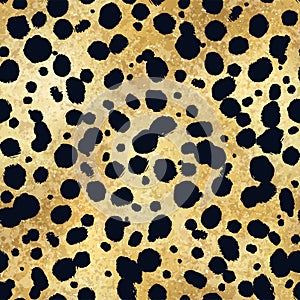 Vector cheetah skin gold seamless pattern. Abstract wild animal hand drawn leopard black spots on golden metallic foil