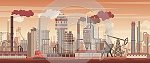 Vector chemical industrial landscape background. Industry, chemistry factory. Polluting environment.