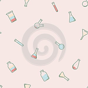 Vector chemical seamless pattern of laboratory test tubes and flasks on a pink background