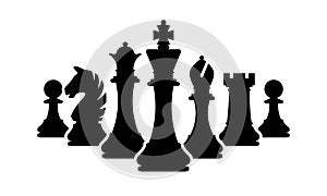 Vector chess pieces team isolated on white. Silhouettes of chess pieces