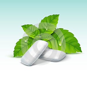 Vector chewing gum and green mint for fresh breath. Dental health background