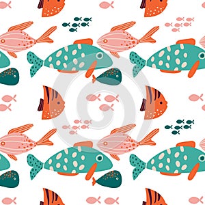 Vector childish seamless repeating simple flat pattern with hand drawn fish on dark background