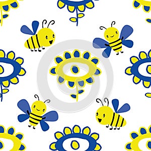 Vector childlike drawing of flowers and kawaii style bees seamless pattern background. Simple yellow, cobalt blue