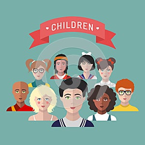 Vector children avatars.Set of different nationality kids faces in trendy flat style.Girls and boys portraits app icons.